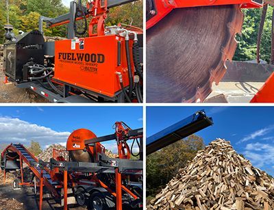 A wood-splitting machine in action, orange and black, cuts logs, producing a large pile of firewood outdoors.