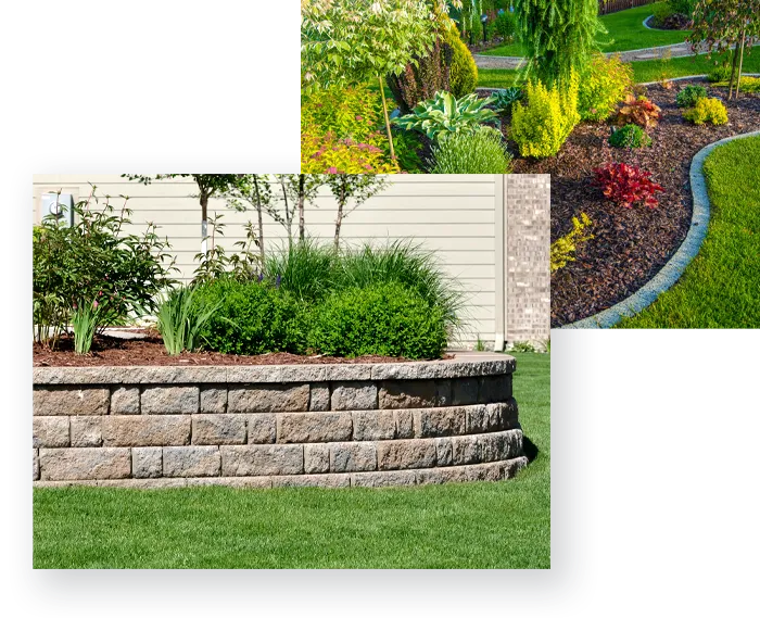 Layered stone retaining wall with green shrubs and lawn, plus a curved landscaped garden bed with colorful plants