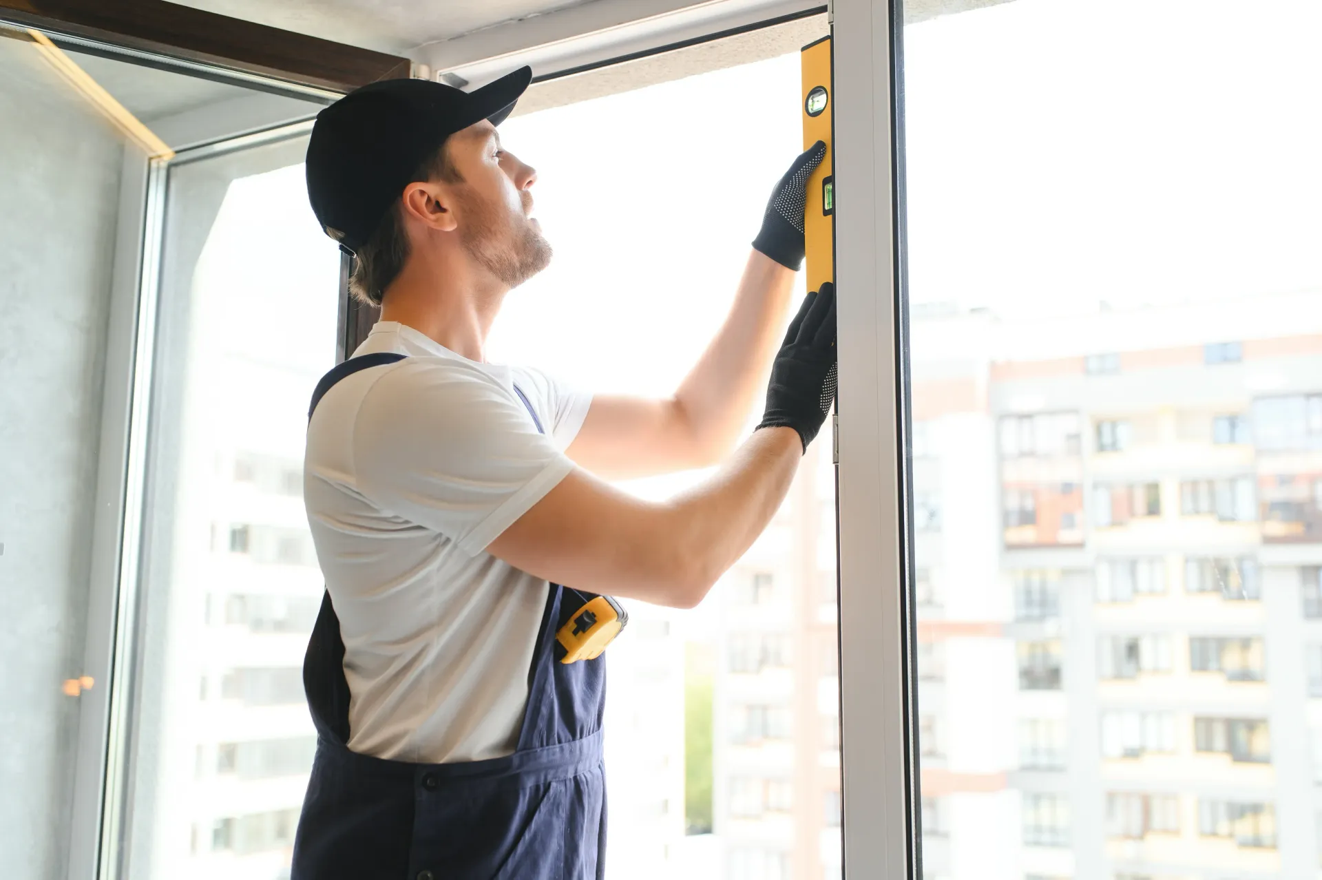 Foreman Installing Window Screen with Level