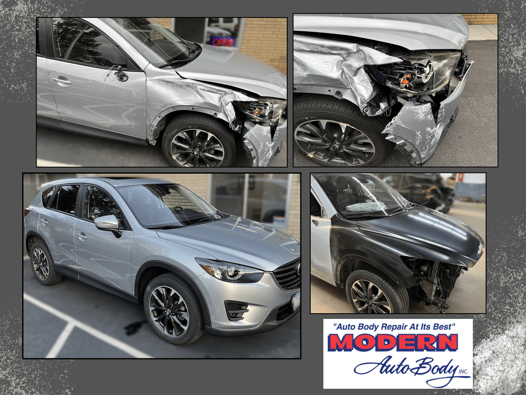Before and after photos of repairs done at Modern Auto Body from a vehicle that was in a collision.