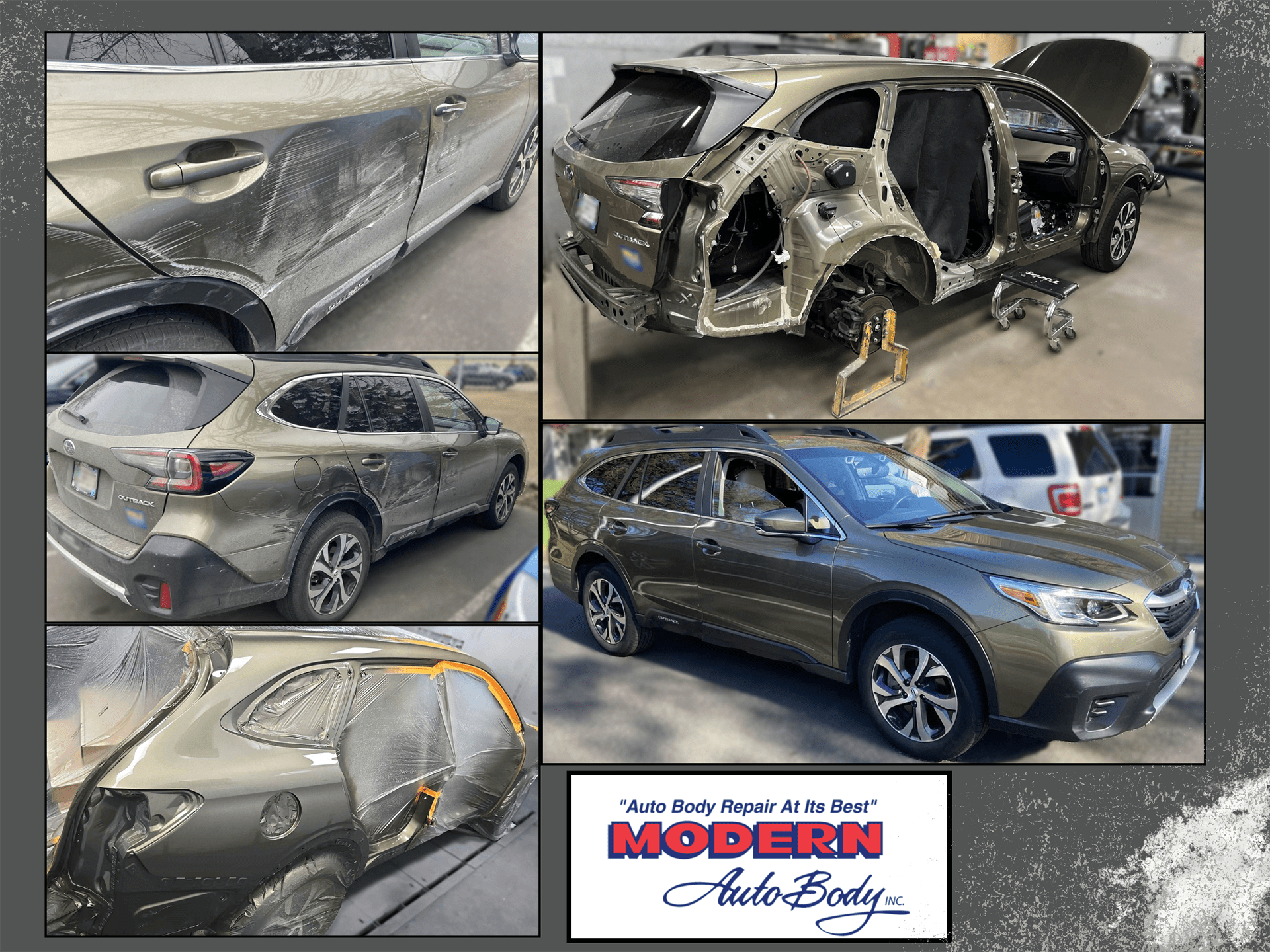 Before and after photos of repairs done at Modern Auto Body from a vehicle that was in a collision.