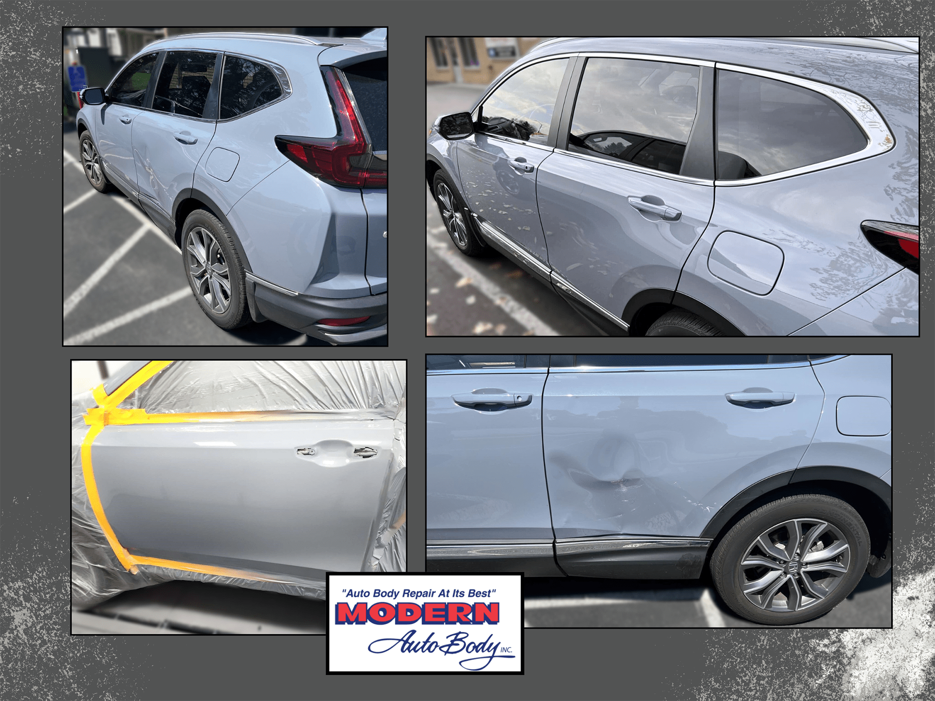 Before and after photos of repairs done at Modern Auto Body from a vehicle that was in a collision.