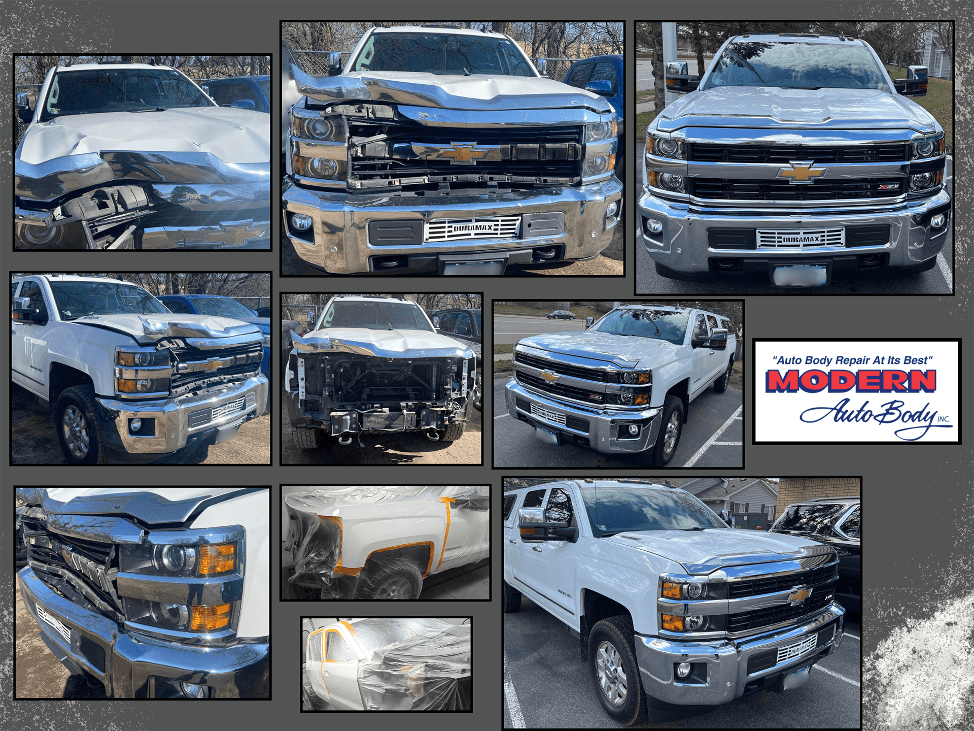 Before and after photos of repairs done at Modern Auto Body from a vehicle that was in a collision.
