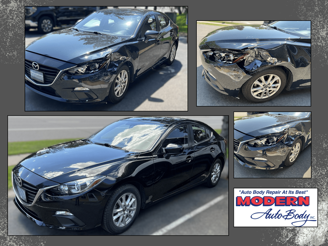 Before and after photos of repairs done at Modern Auto Body from a vehicle that was in a collision.