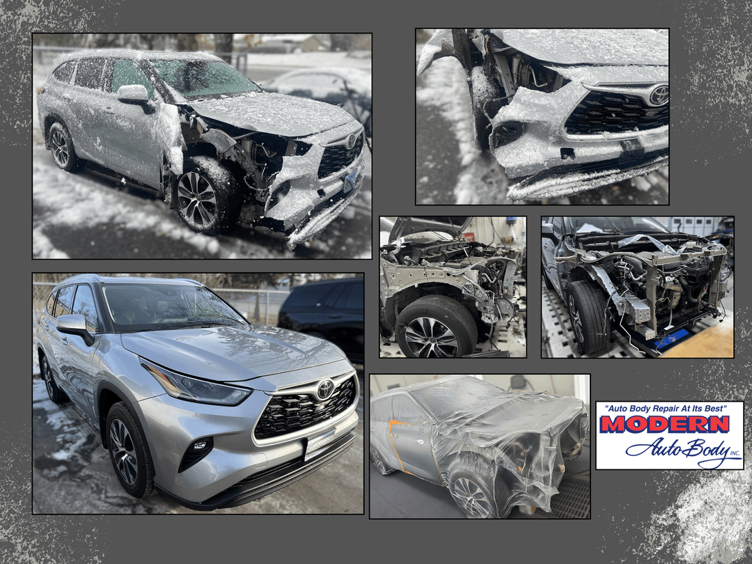 Before and after photos of repairs done at Modern Auto Body from a vehicle that was in a collision.