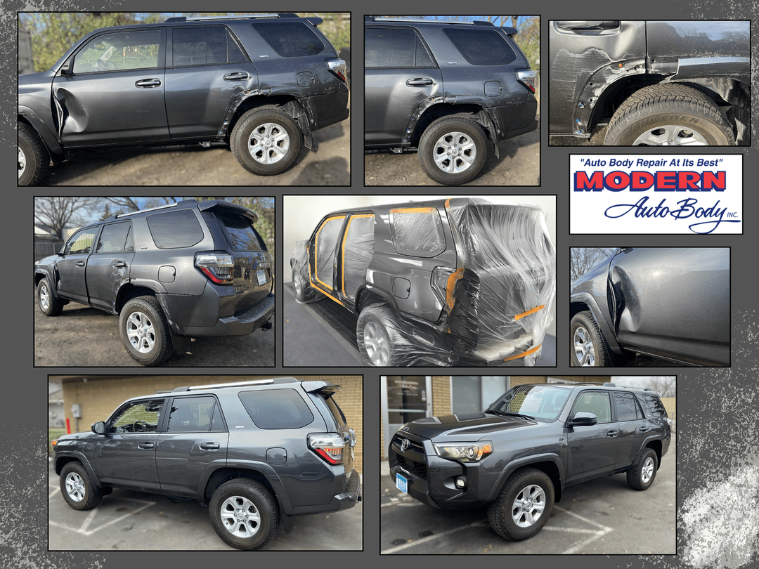 Before and after photos of repairs done at Modern Auto Body from a vehicle that was in a collision.