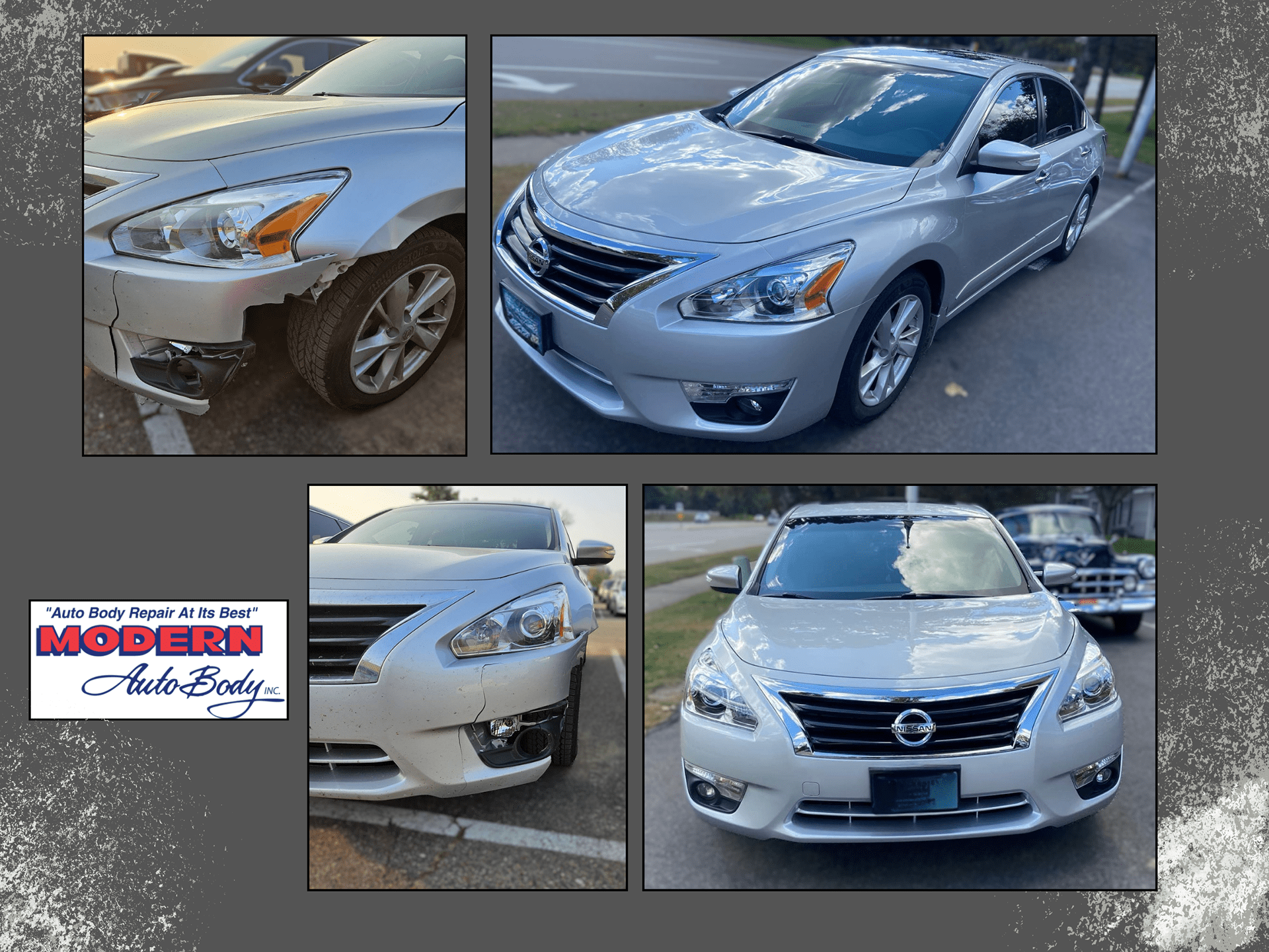Before and after photos of repairs done at Modern Auto Body from a vehicle that was in a collision.