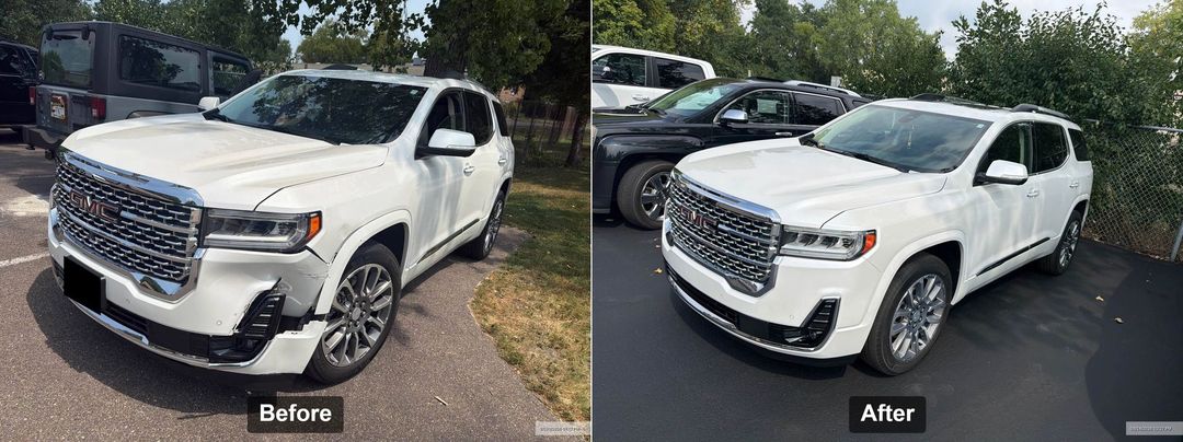 Before and after photos of repairs done at Modern Auto Body from a vehicle that was in a collision.