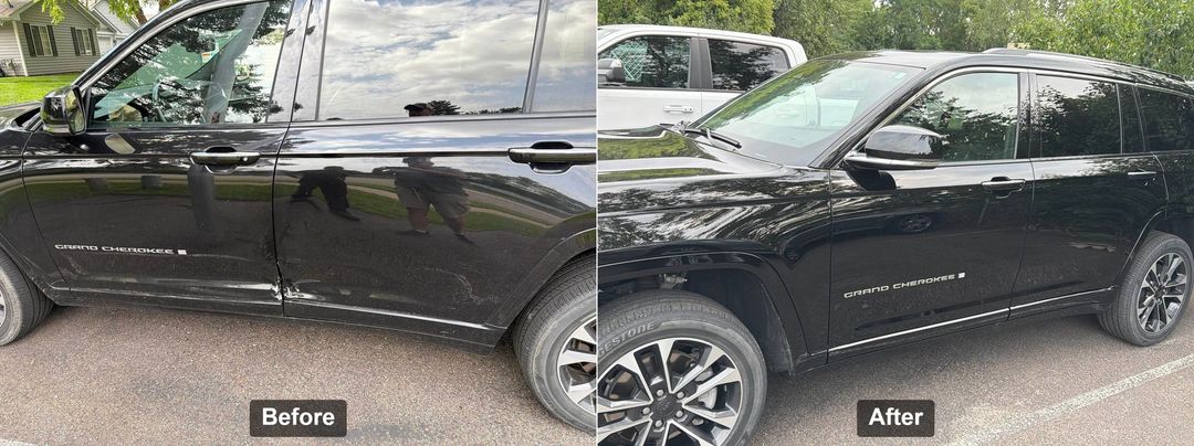 Before and after photos of repairs done at Modern Auto Body from a vehicle that was in a collision.