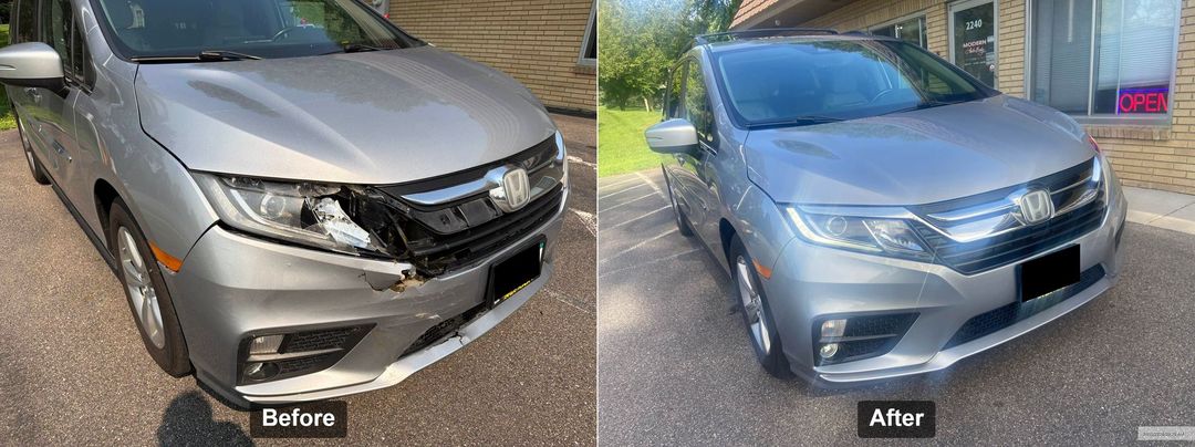Before and after photos of repairs done at Modern Auto Body from a vehicle that was in a collision.