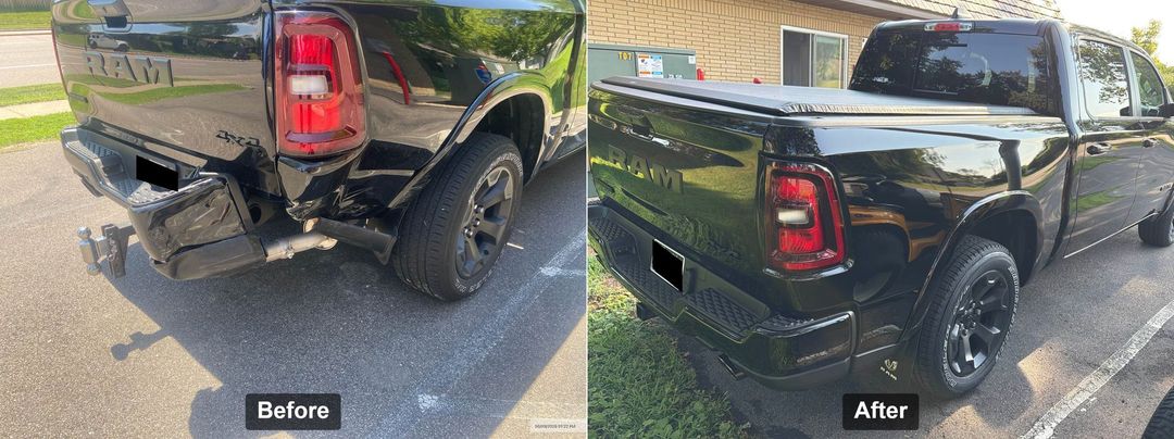 Before and after photos of repairs done at Modern Auto Body from a vehicle that was in a collision.