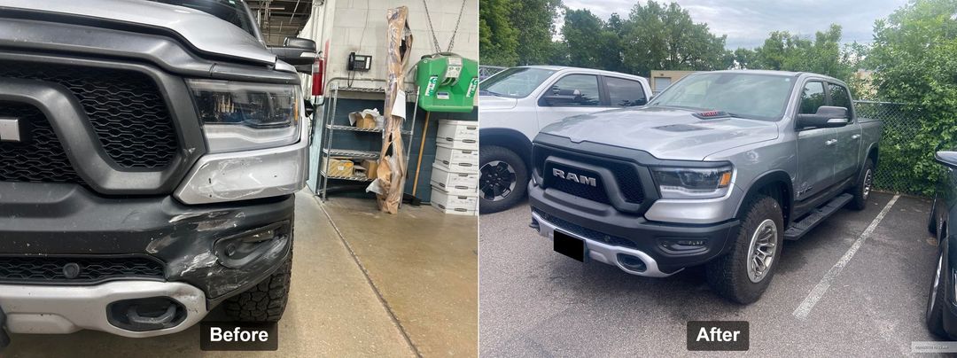 Before and after photos of repairs done at Modern Auto Body from a vehicle that was in a collision.