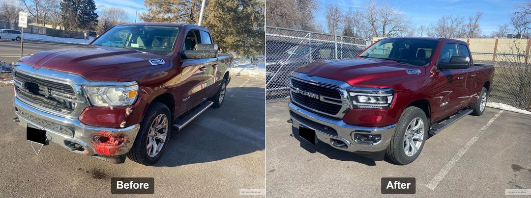 Before and after photos of repairs done at Modern Auto Body from a vehicle that was in a collision.