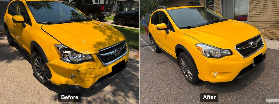 Before and after photos of repairs done at Modern Auto Body from a vehicle that was in a collision.