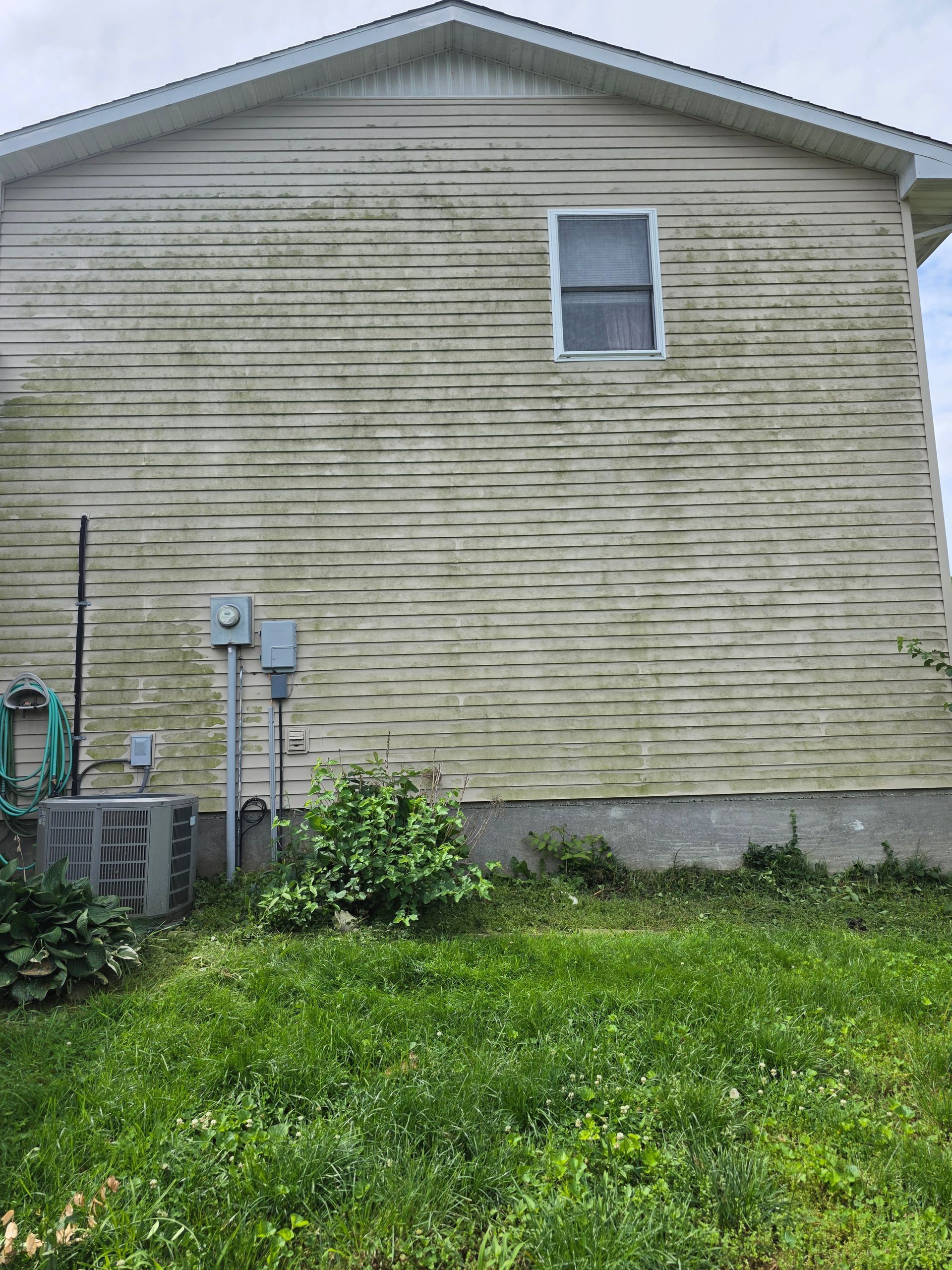 Side view of a beige house with a small window, utility meters, and green grass in front.