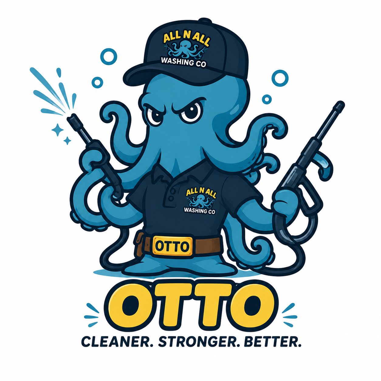 Blue octopus mascot with tools and cap, standing above “OTTO” and the tagline “Cleaner. Stronger. Better.”