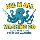 All N All Washing Co logo with teal octopus holding a pressure washer; soft washing and pressure washing text