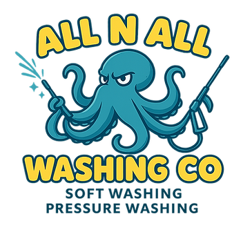 All N All Washing Co logo with teal octopus holding a pressure washer; soft washing and pressure washing text