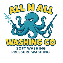 All N All Washing Co logo with teal octopus holding a pressure washer; soft washing and pressure washing text