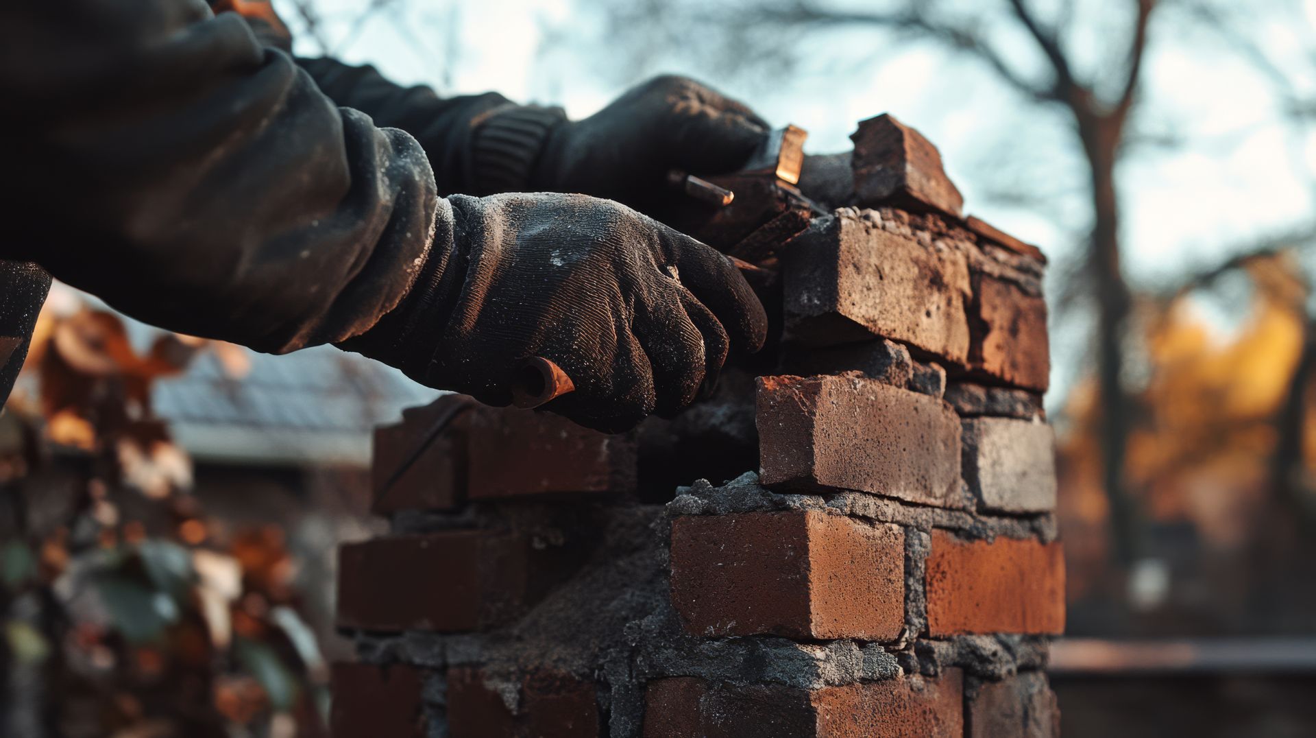 Gloved hands laying bricks on a damaged chimney outdoors, brick structure, close-up.