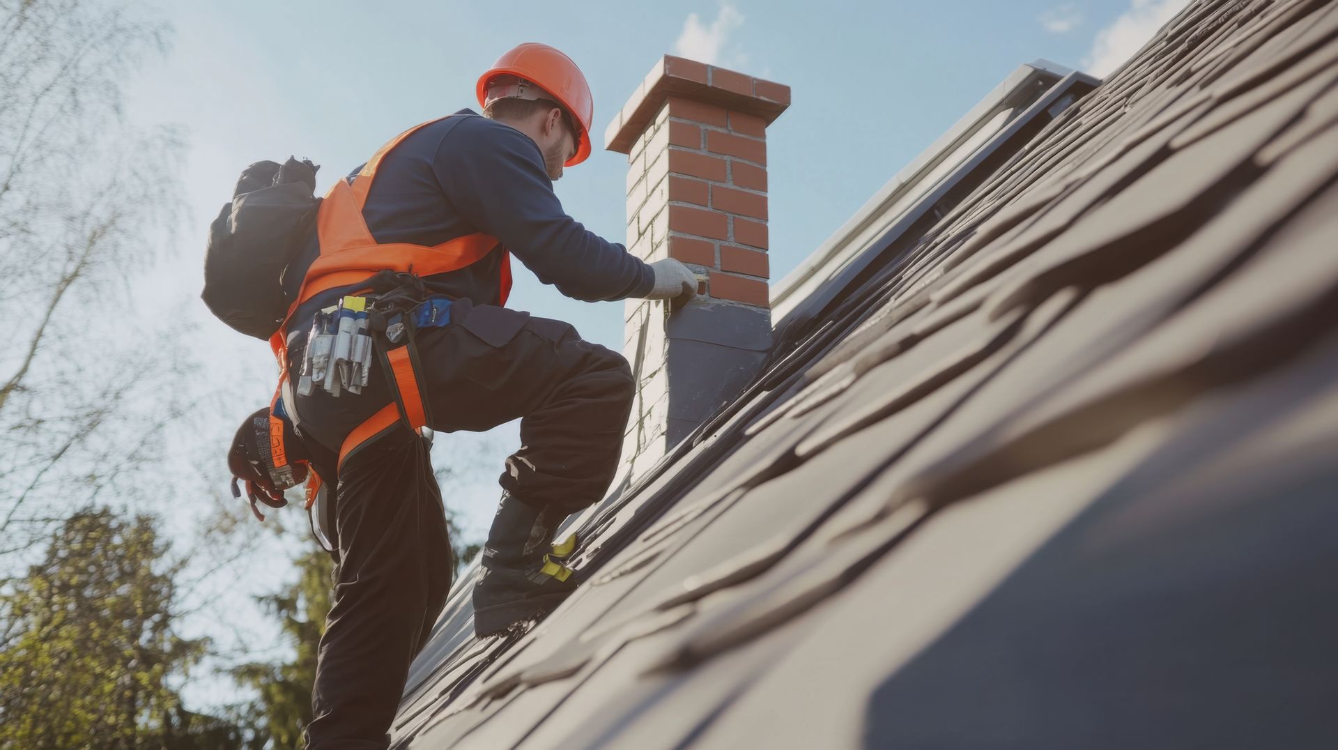 Roofer wearing safety gear climbs a shingled roof, near a brick chimney, under a bright sky.