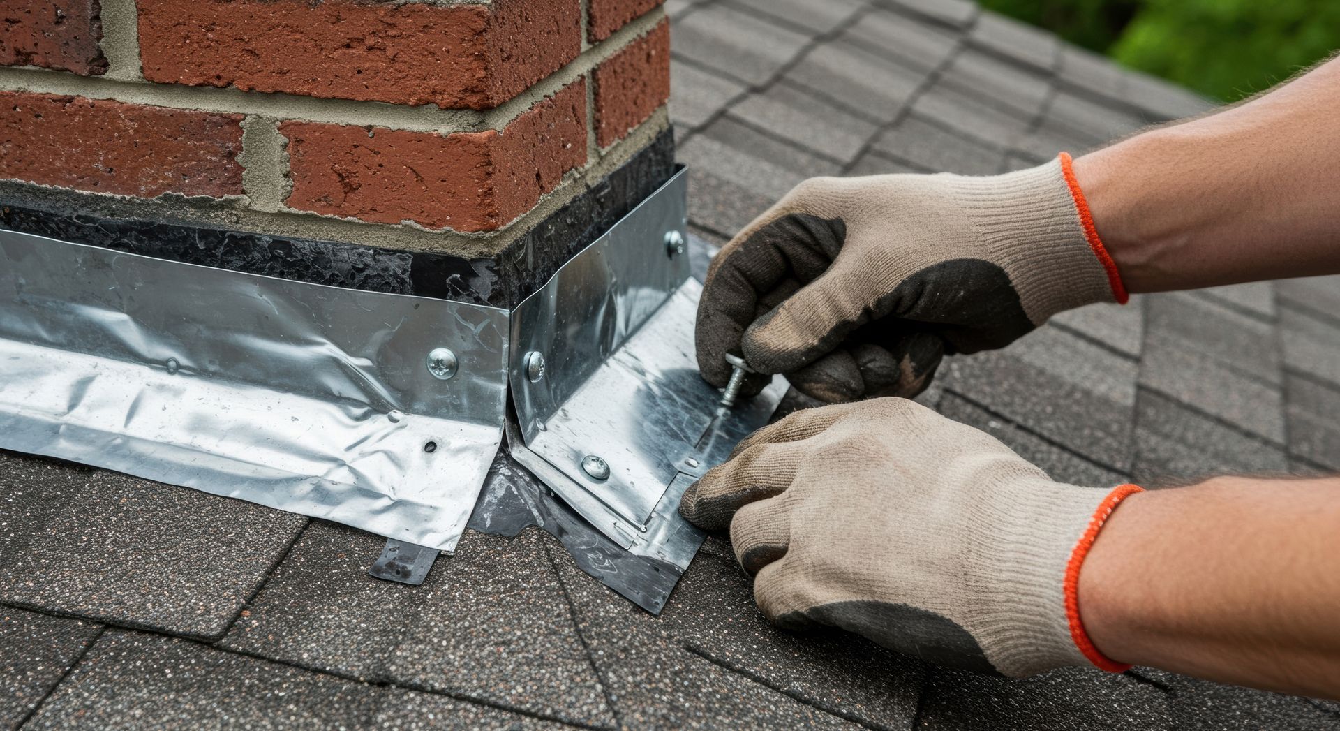 Person in gloves installing metal flashing around a brick chimney on a shingled roof.