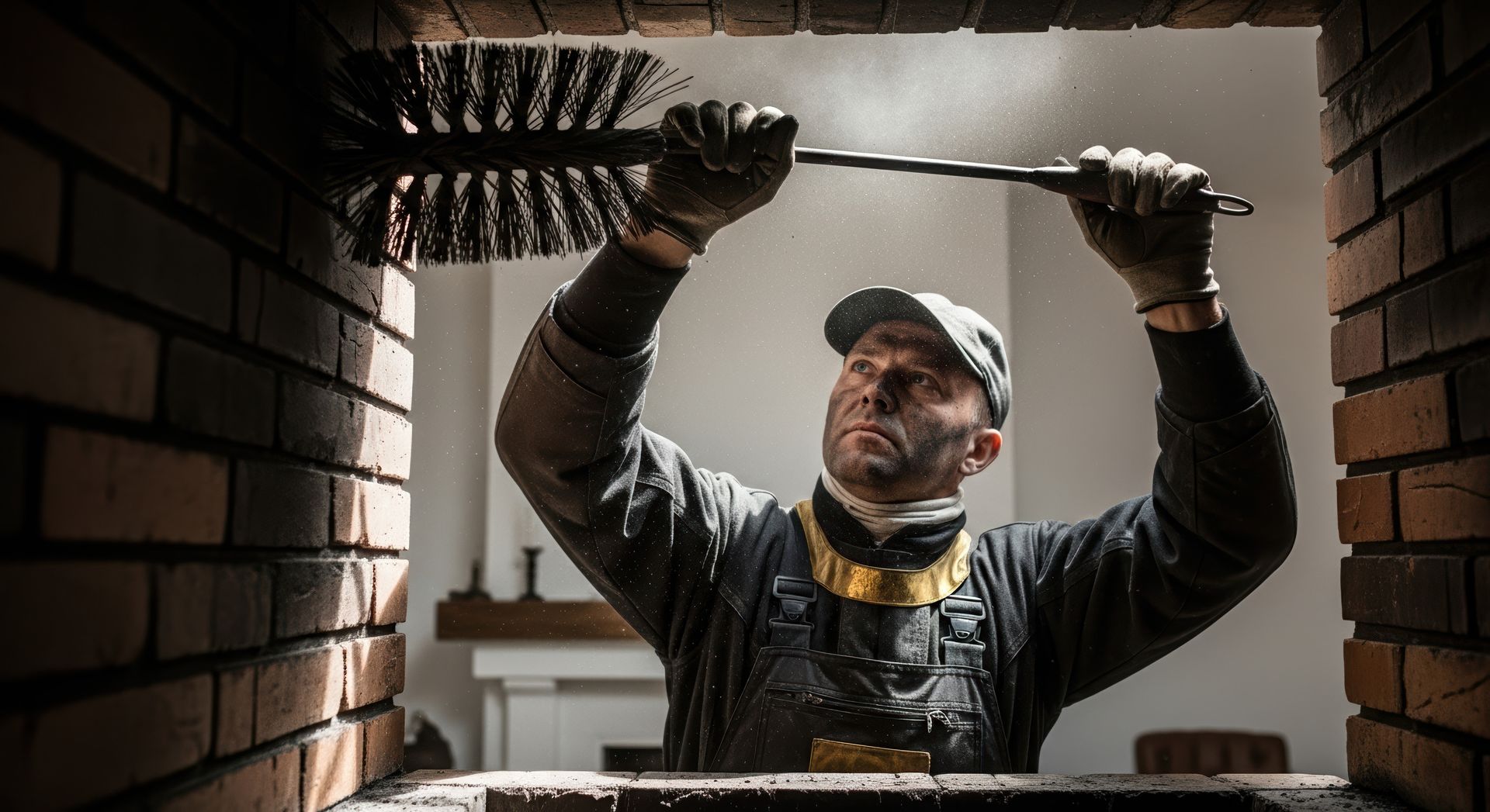 Man cleaning chimney with brush, covered in soot, inside brick opening.