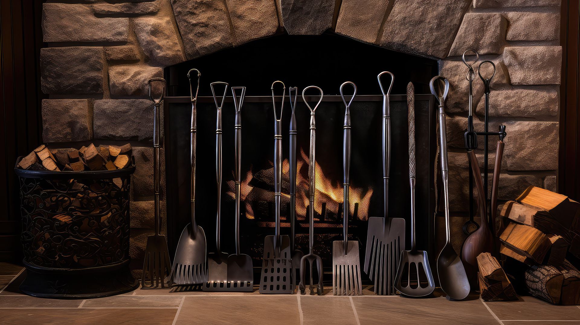 Fireplace with tools lined up; burning fire in the hearth.