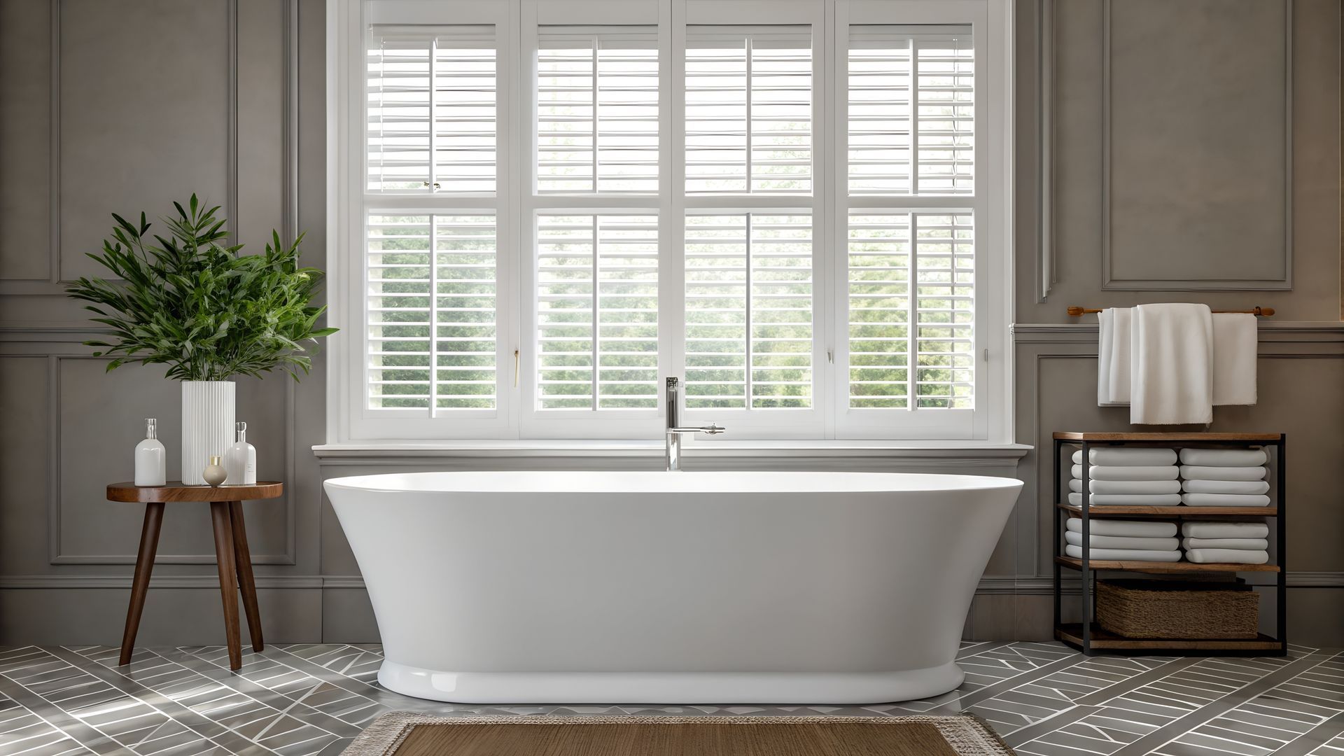 Elegant bathroom with a freestanding tub and white plantation shutters on large windows.