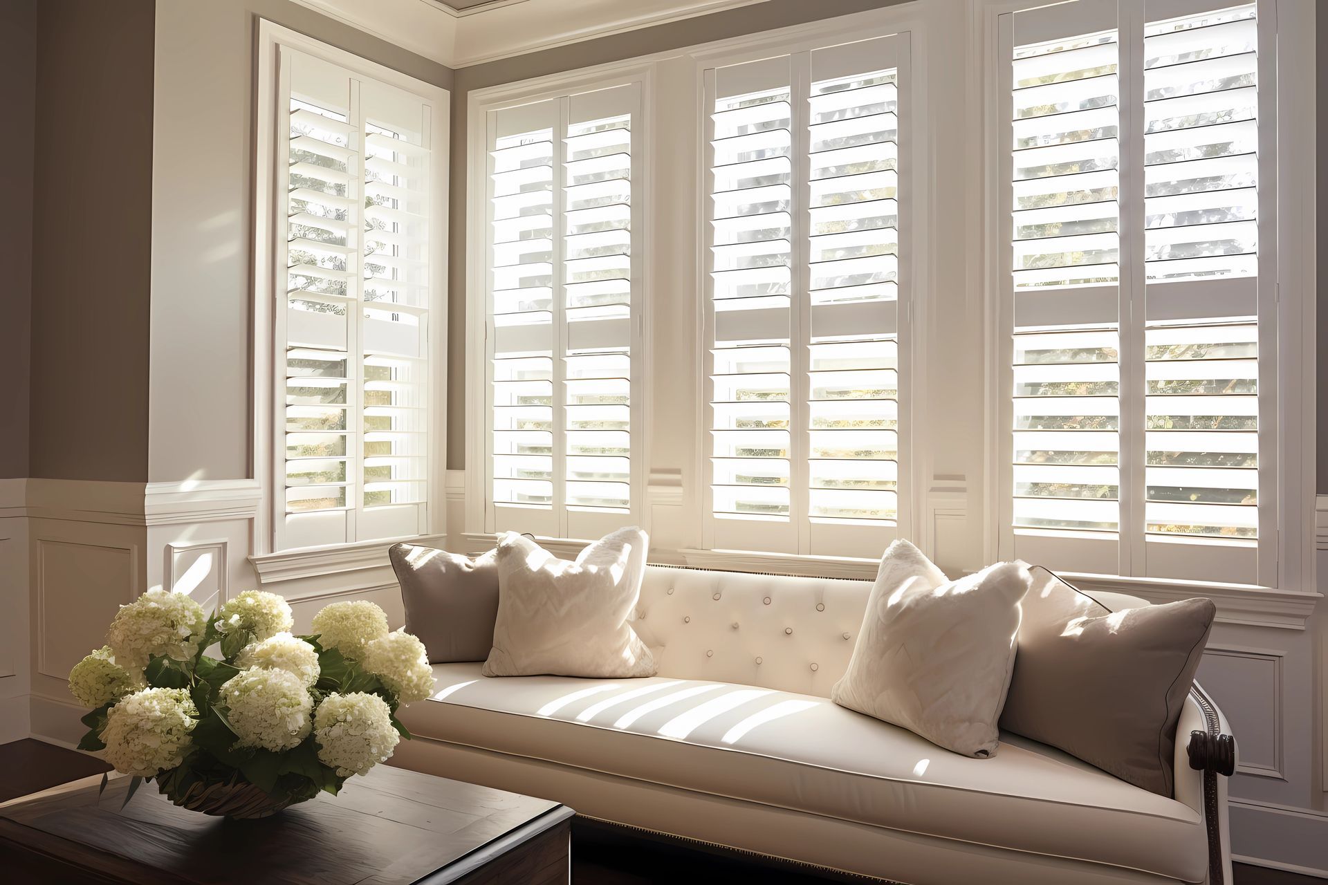 Bright living space with white plantation shutters and a cushioned bench decorated with pillows. Bright living space with white plantation shutters and a cushioned bench decorated with pillows.
