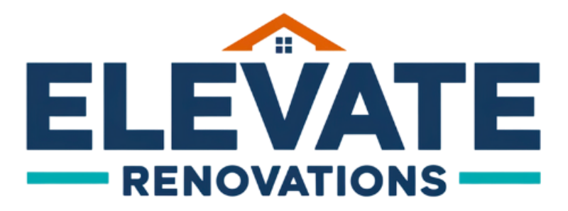 Elevate Renovations logo: navy text with orange roof and teal line accents.
