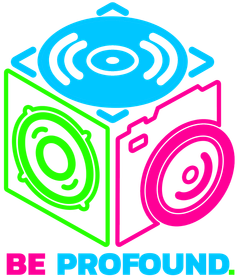 A cube with a camera, speaker, and disc illustration in blue, green, and pink.
