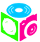 A cube with a teal disc, pink camera, and green speaker icons.