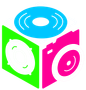 A cube with a teal disc, pink camera, and green speaker icons.