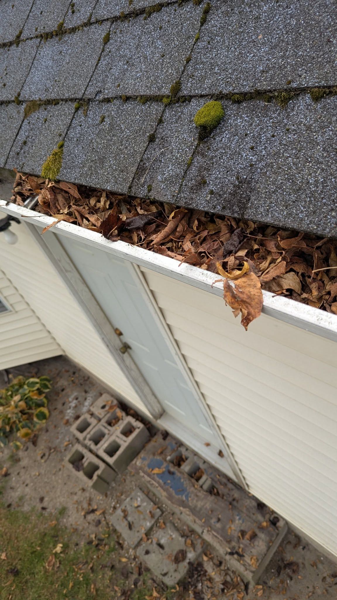 Roof edge with loose gutter, fallen leaves, and cinder blocks below beside a house wall