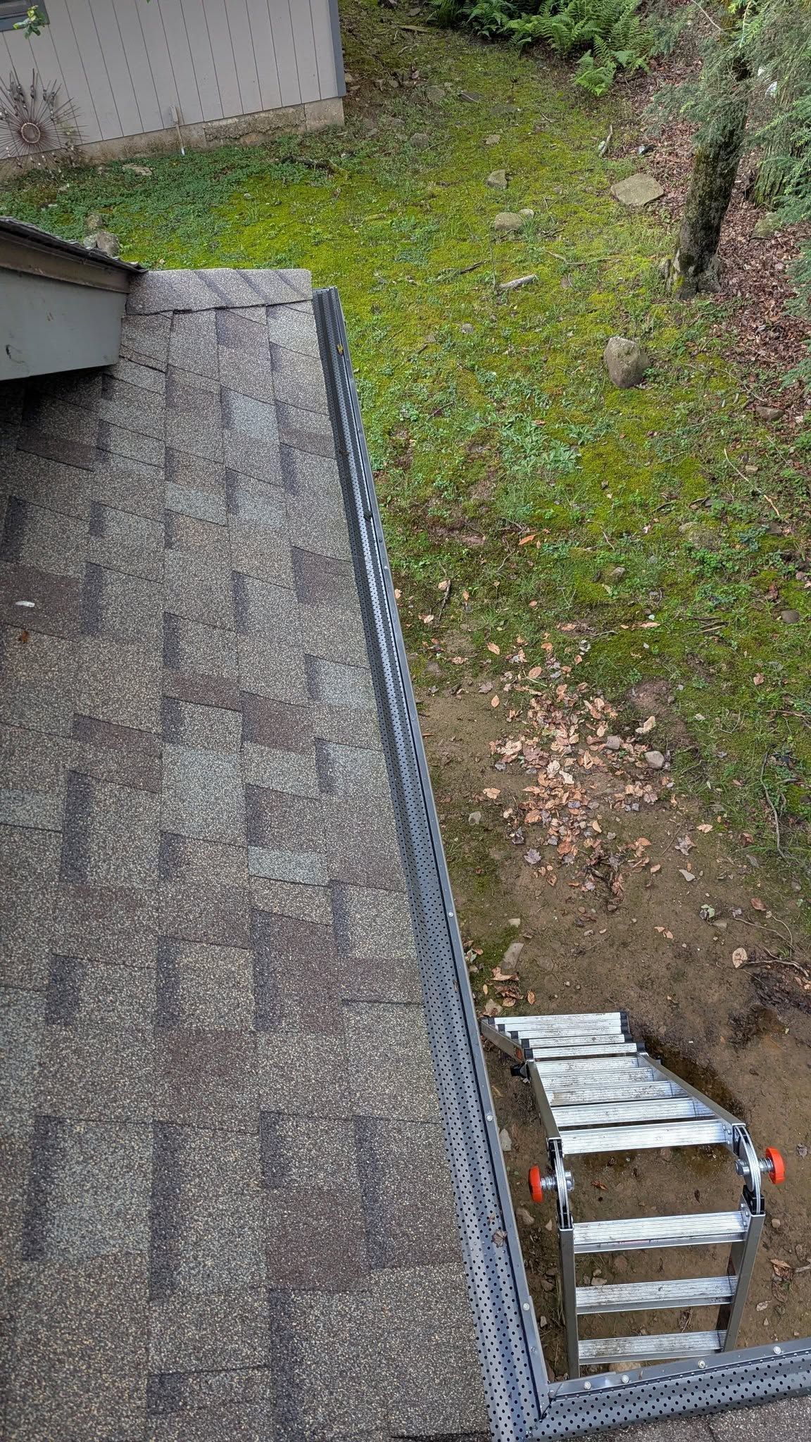 Rooftop view of a grassy yard with a small shed or bin near the bottom right.