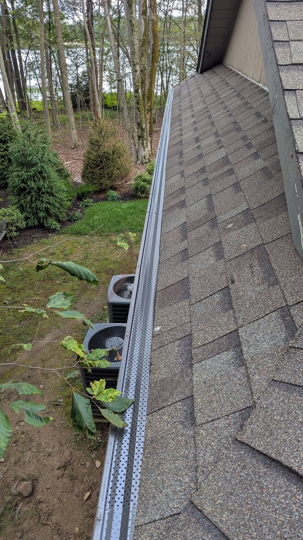 Sloped shingle roof beside a house, with gutters and a wooded garden below.
