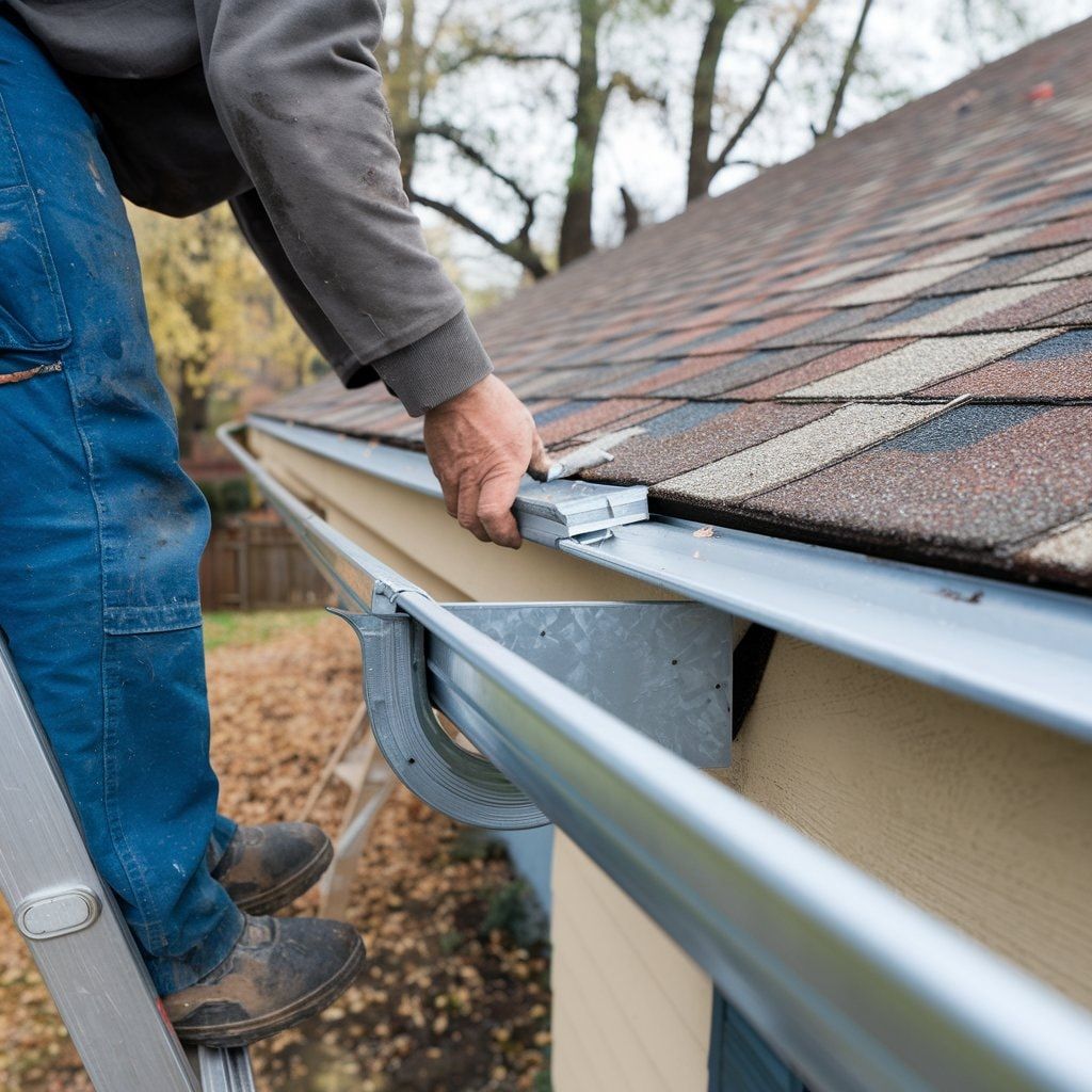 Worker installing a metal gutter on a house roof edge