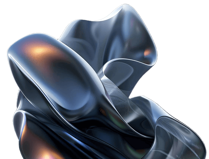 Abstract metallic blue-gray 3D sculpture with glossy reflections and folded, ribbon-like shapes