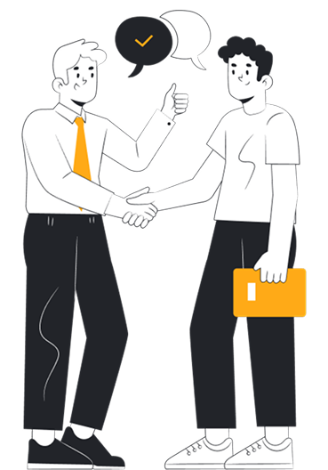 Two people shaking hands, one holding a yellow folder, with a speech bubble above them.
