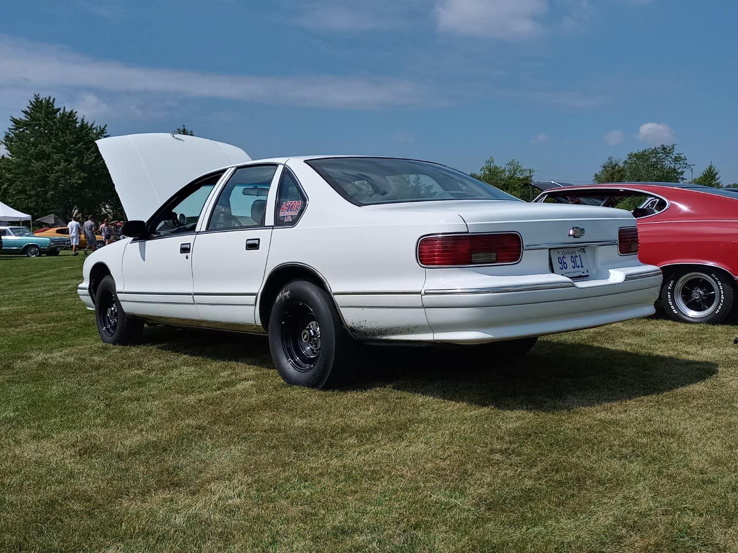 A white car with the hood up is parked in a grassy field