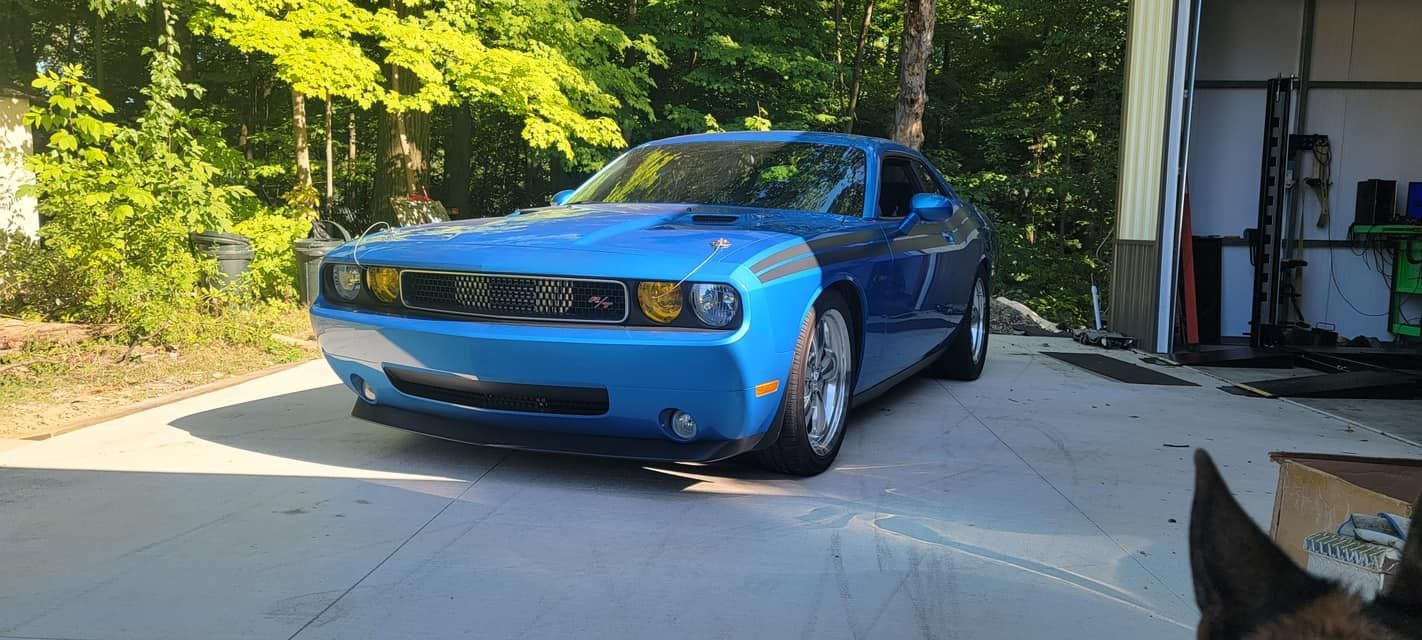 A blue dodge challenger is parked in a driveway next to a dog.