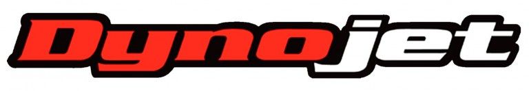 A red and white logo for a company called dynojet