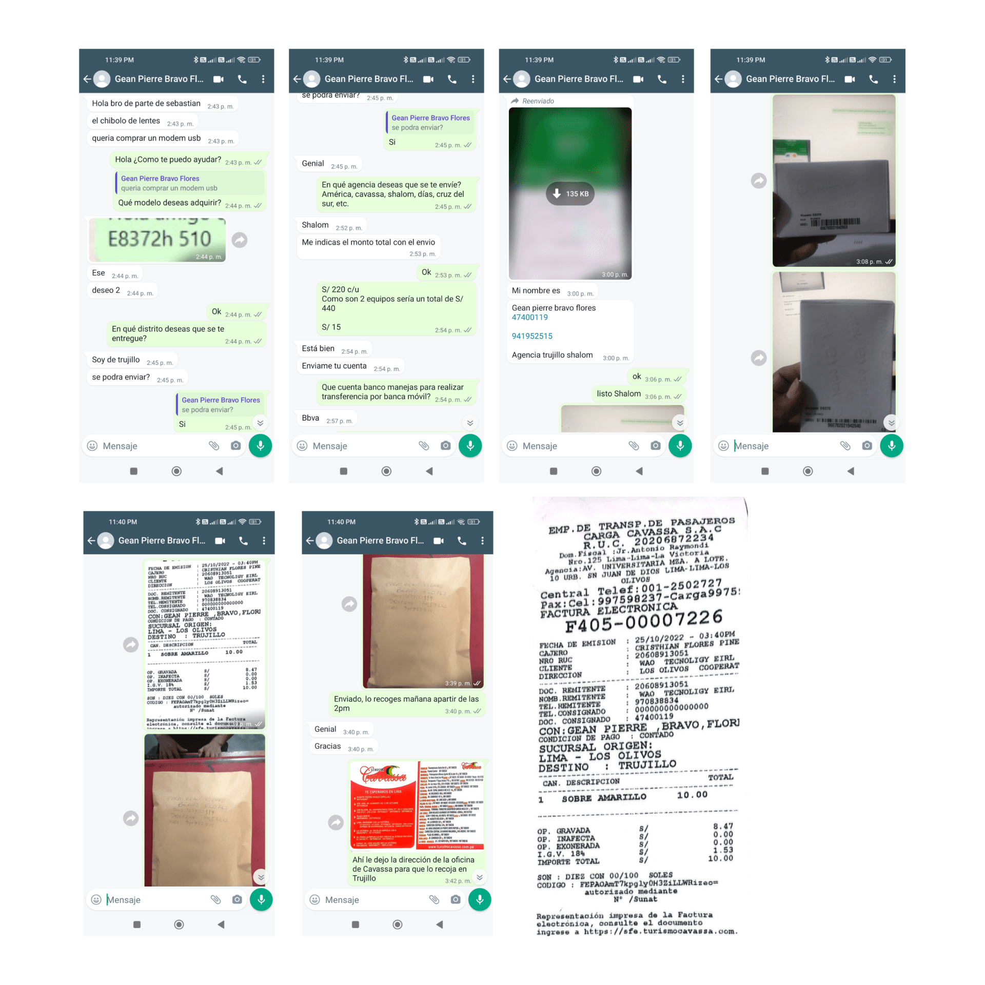 Capturas de pantalla de un chat de WhatsApp con recibos y documentos relacionados con compras.