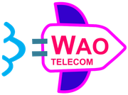 Logotipo de WAO TELECOM: cohete rosa con texto
