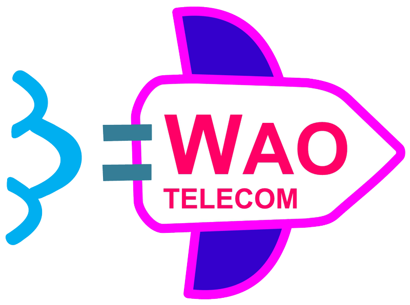 Logotipo de WAO TELECOM: cohete rosa con texto