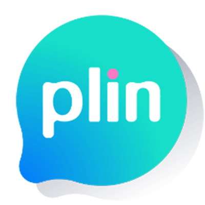 Logotipo para plin, un bocadillo de diálogo con un degradado de azul y verde, texto blanco y un punto rosa.