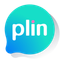 Logotipo para plin, un bocadillo de diálogo con un degradado de azul y verde, texto blanco y un punto rosa.