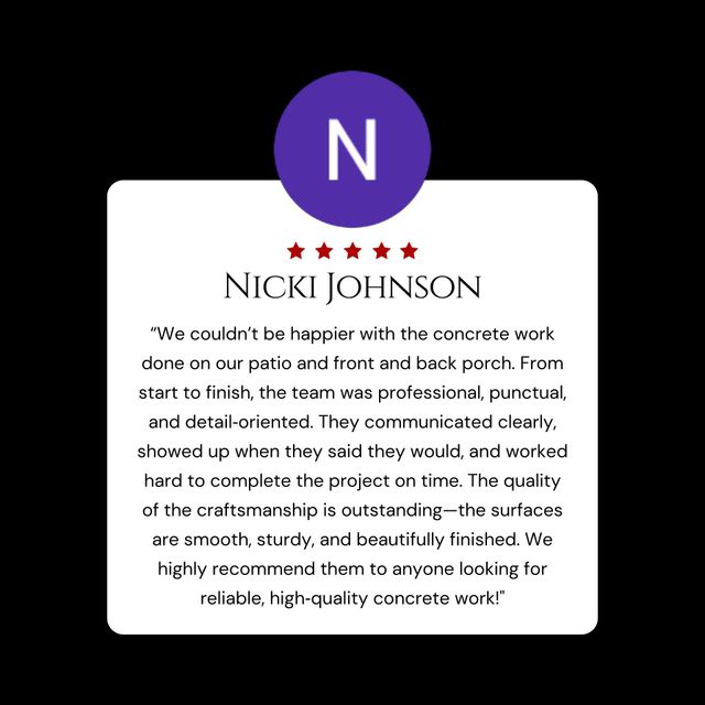Customer review with Nicki Johnson, 5-star rating, praising concrete work quality and service.