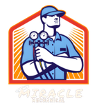 Illustrated mechanic in blue uniform holding gauges, with orange hexagonal backdrop and &ldquo;Miracle Mechanical&rdquo; text.